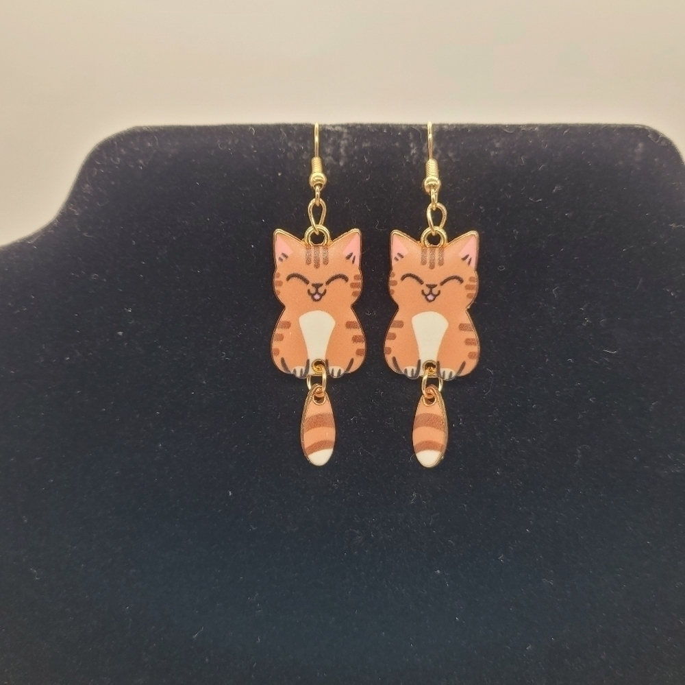 Enamel Cat Earrings with Swinging Tails​​​